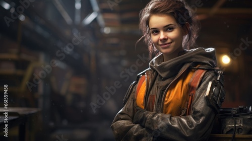 Portrait of a happy girl woman working at a factory in the workshop
