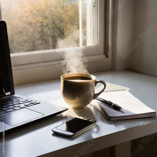 Taza de café humeante delante de un portátil en una mesa de trabajo. photo