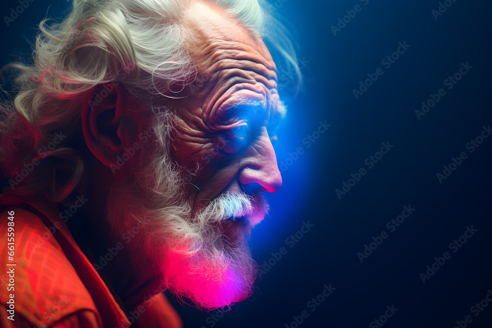 Cool old man with beard futurism-inspired portrait, luminous color palette