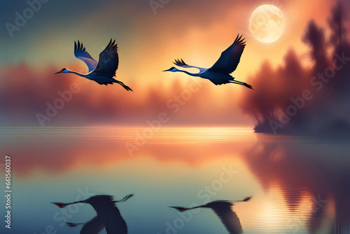 Two cranes flying over the lake at sunset with full moon. Generative AI