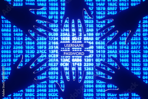 Many human hands trying to touch the input fields of username and password on background of glowing hexadecimal figures. Illustration of computer crimes, internet scammers and networking hackers
