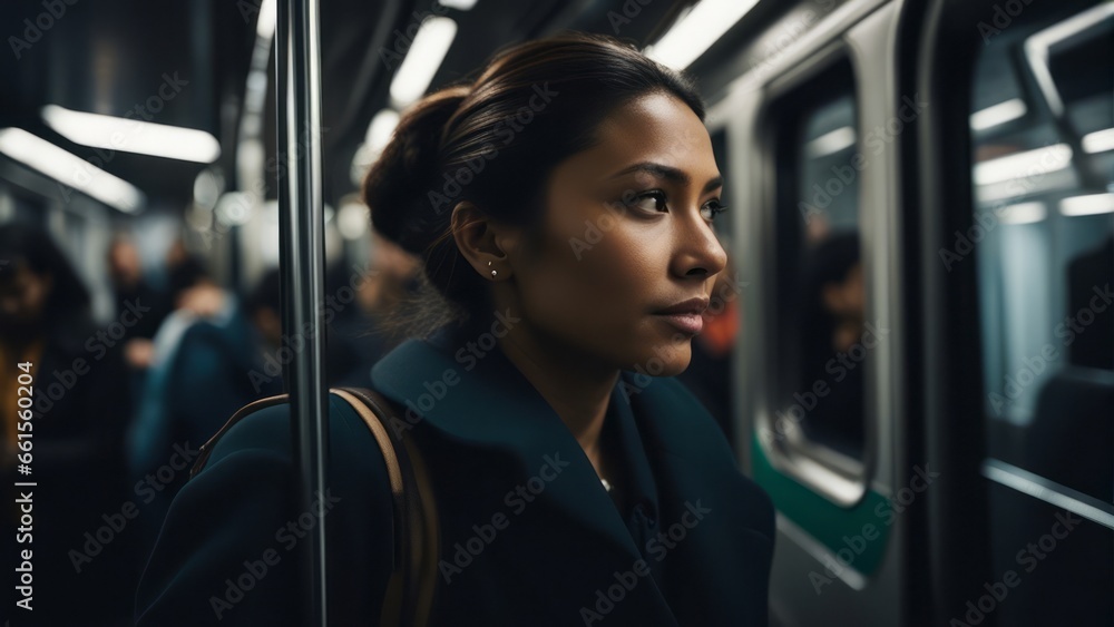 Candid morning shot of a woman during her subway commute, engrossed in work and connectivity Candid morning shot of a woman during her subway commute, engrossed in work and connectivity