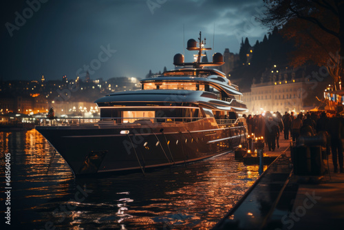  yacht on river in night city. luxury and expensive lifestyle.  Rest and relaxation concept.