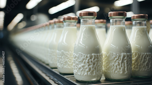 many glass bottles of milk in production. inside milk factory. Industrial process concept.Daily product. Shelves in supermarket. banner photo