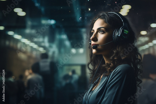A woman in a call center headset listens attentively as she fields an emergency call, ready to provide guidance and support in a moment of crisis.  photo