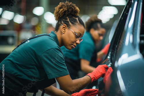 A woman on the car assembly line examines car doors for quality, her attention to detail contributing to the flawless finish of each vehicle that rolls off the line.  photo