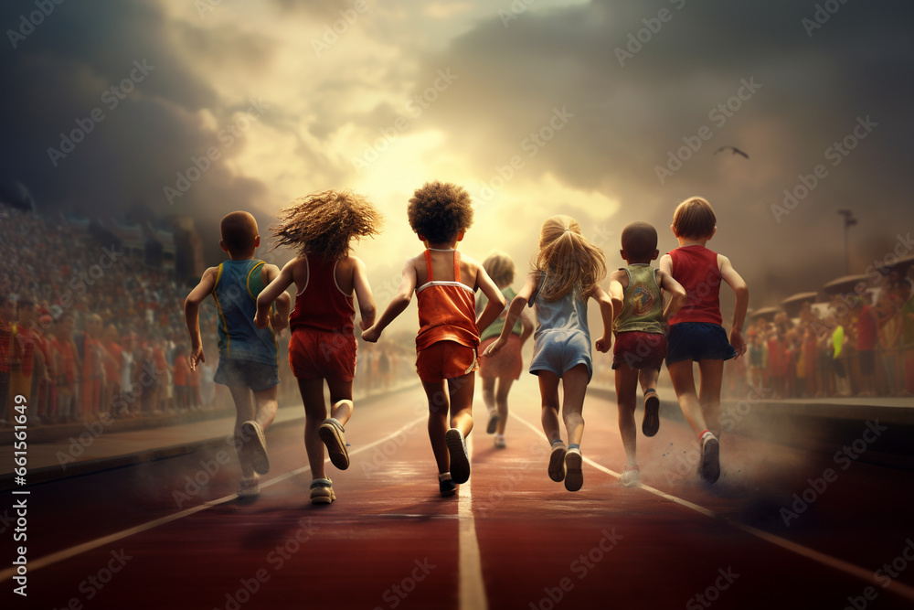 A group of children racing to the finish line.