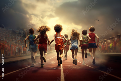 A group of children racing to the finish line. © SWK_Studio