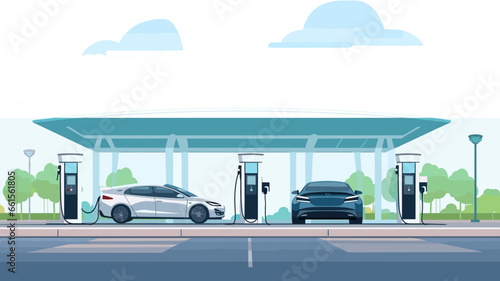 copy space, flat 2D vector illustration, hand drawn, copy space, electric cars charging at Modern fast electric vehicle chargers in carpark. Green energy, renewable energy, sustainable energy. Electri