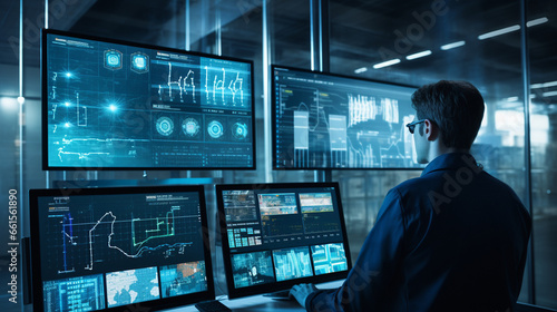A central control room in a smart factory displays real-time data and analytics from the entire production line, promoting informed decision-making and communication. 