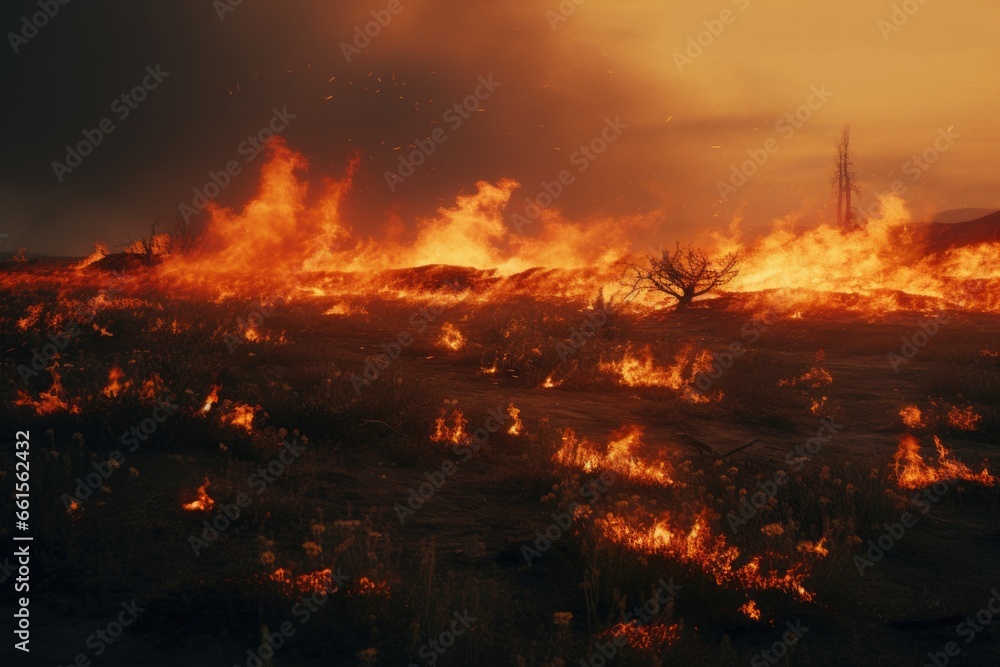 A fire in the steppe, burning grass, destroying everything in its path