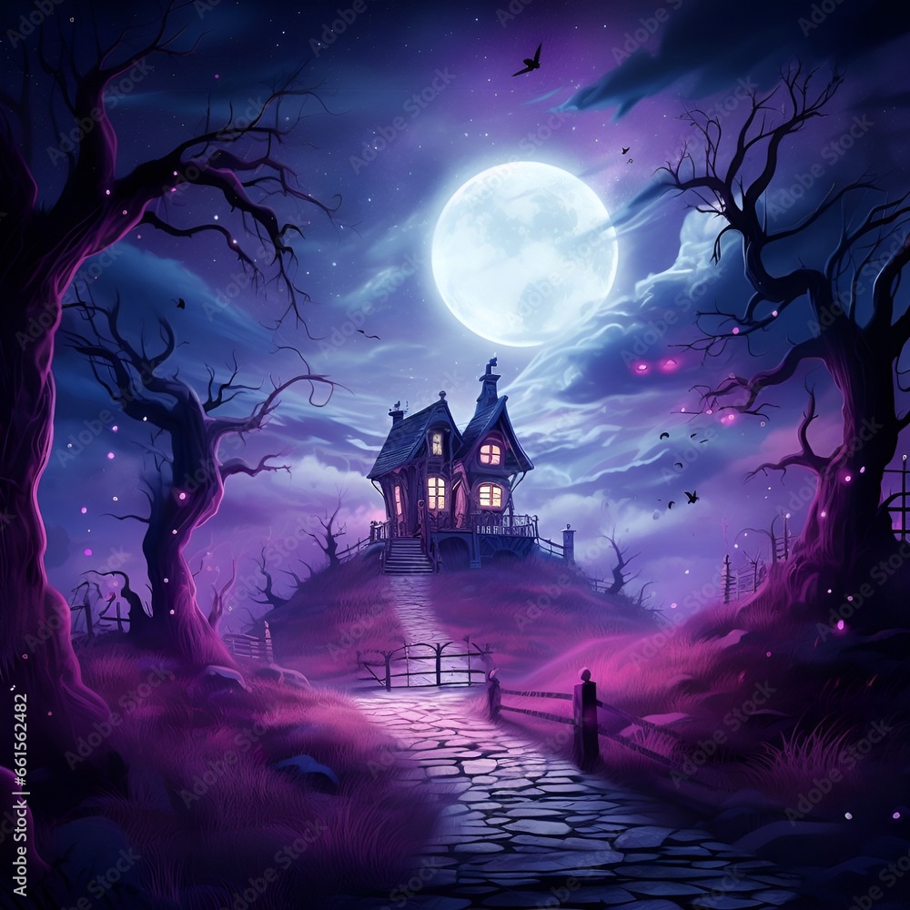 halloween night landscape,
haunted house on a hill.