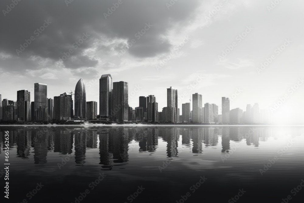 Landscape of a modern city with high-rise buildings along the coast, black and white photo