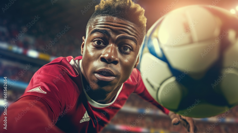 Soccer player during the game against the backdrop of the stadium. Created with Generative AI technology. Soccer player during the game against the backdrop of the stadium. Created with Generative AI technology.