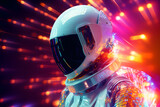 Portrait of Space man in glowing helmet, in the style of futuristic pop, luminous color palette