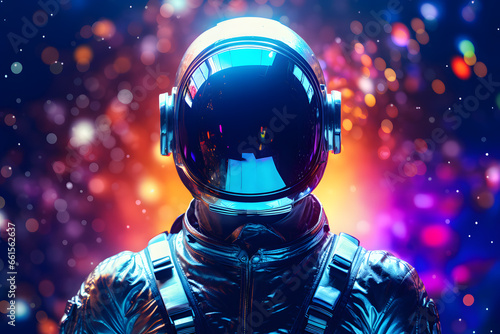Portrait of Space man in glowing helmet, in the style of futuristic pop, luminous color palette © Oksana