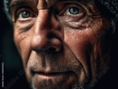 Close up of an older man with blue eyes.