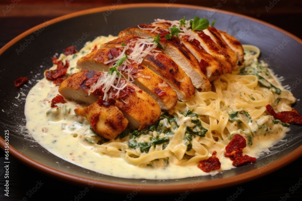 Chicken breast dish with dried tomatoes, parmesan cheese and heavy cream with spaghetti Chicken breast dish with dried tomatoes, parmesan cheese and heavy cream with spaghetti