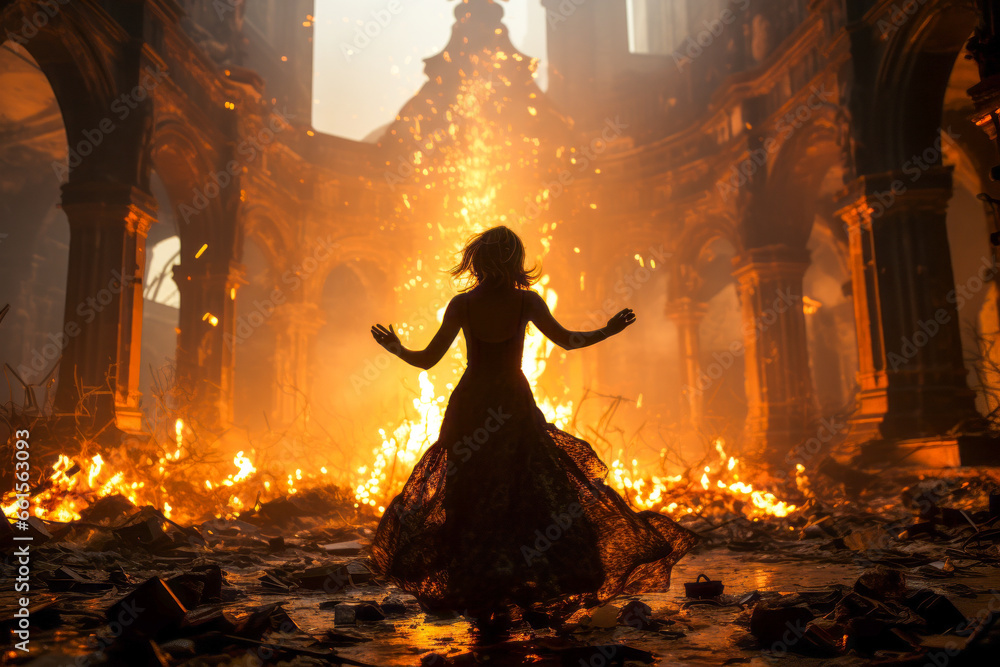 Dancing woman before a burning church