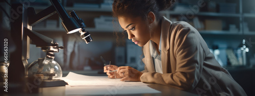 Modern Medical Research Laboratory  Portrait of Female Scientist Using Microscope  Analysis Information.
