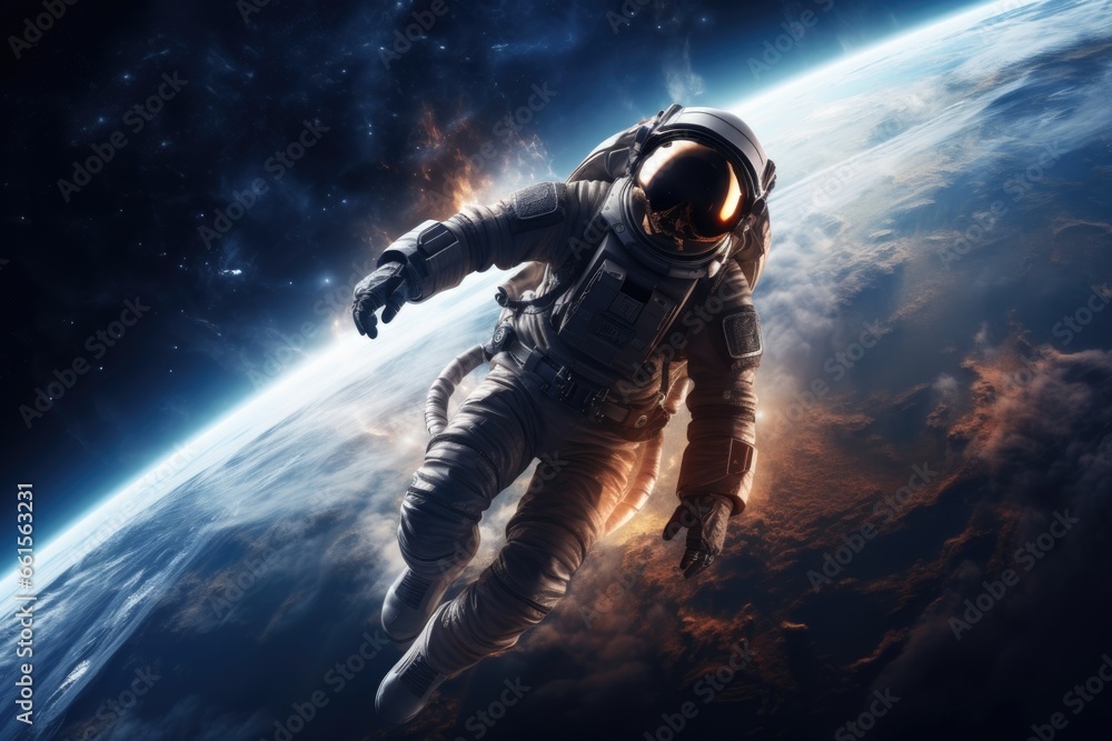 A man in outer space in a spacesuit A man in outer space in a spacesuit