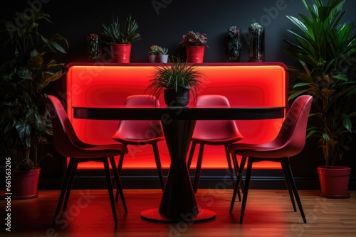 Interior of a room with a dining table with neon red lighting