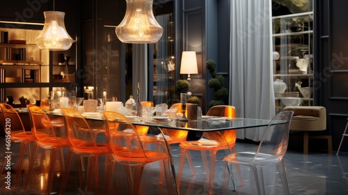 A philippe starck Inspired Dining room interior with glass chairs. Luxury style, Generative AI photo