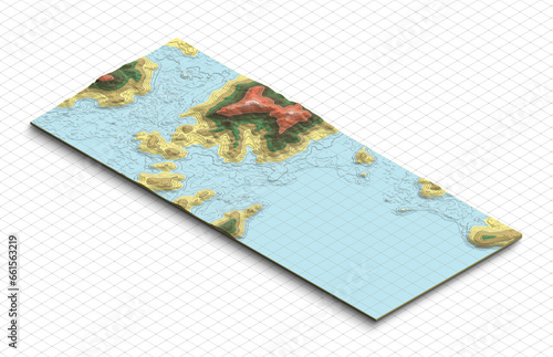 3d model map of South Korea. Terrain map, Isometric map virtual terrain 3d for infographic. Geography and topography planet earth flattened satellite view