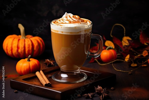 Pumpkin spice latte - spiced pumpkin latte - coffee with the addition of pumpkin syrup and spices. On the background of a wooden table and pumpkins.