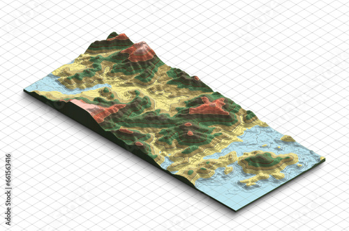 3d model map of South Korea. Terrain map, Isometric map virtual terrain 3d for infographic. Geography and topography planet earth flattened satellite view