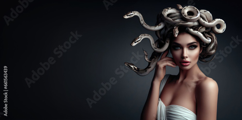 Medusa's Curse and Petrification. Pretty intense gaze of Greek Mythology goddess queen Medusa and her snake head. photo