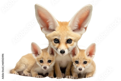 Fennec Fox and Her Adorable Kits on isolated background