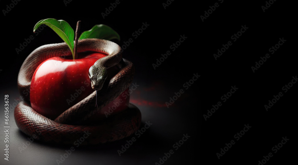 forbidden fruit. Apple and serpent, snake coiled around a red apple. Adam and eve. Theology, mythology, philosophy. 
Redemption story, Serpent's deception, First sin, Fruit of knowledge, Biblical - obrazy, fototapety, plakaty 