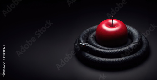 forbidden fruit. Apple and serpent, snake coiled around a red apple. Adam and eve. Theology, mythology, philosophy. 
Paradise, Creation, Eve's temptation, Biblical story, Genesis, Sinful act