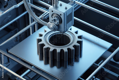 Fototapeta gros plan sur l'extrudeur d'une imprimante 3D à dépôt de fil ABS qui vient de terminer la fabrication d'une pièce mécanique, pignon de boite à vitesse