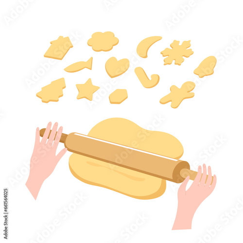 Hands roll out dough with a rolling pin. Cookie preparations