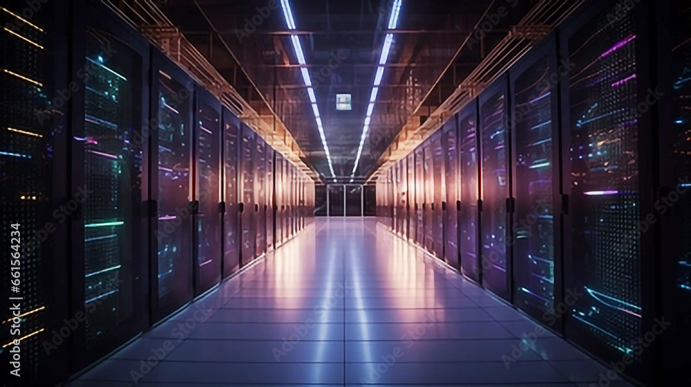 Fototapeta premium Large industrial computers, a long large room, and an allocation center. Beautiful background.