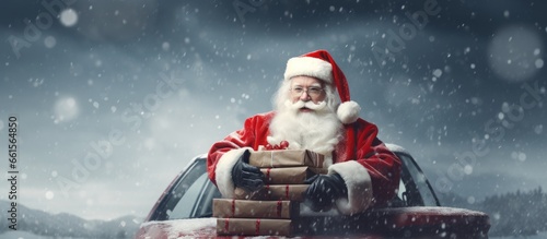 Santa Claus driving a car in the snow delivering holiday gifts against a gray backdrop