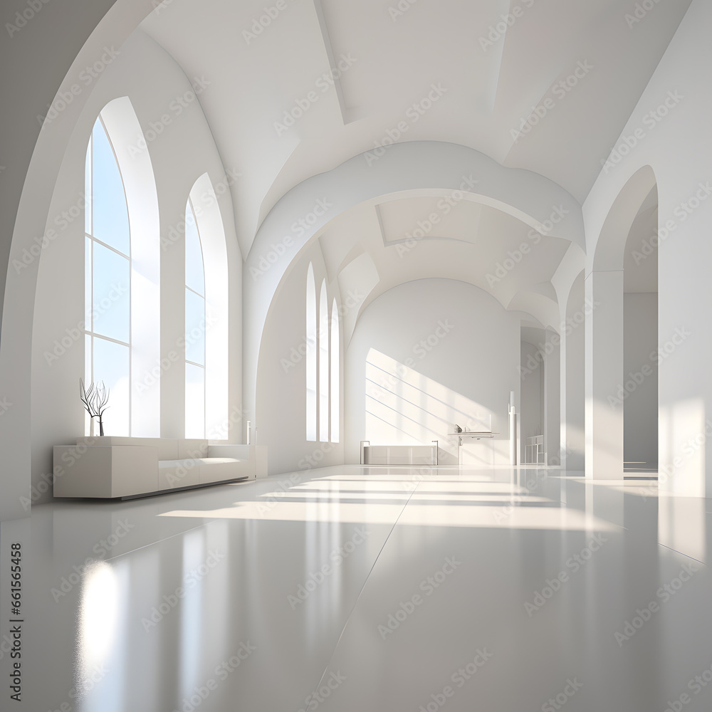 Abstract 3d white architecture interior for design, modern, contemporary, indoor and outdoor, curved wall, blue architecture, with sunny day