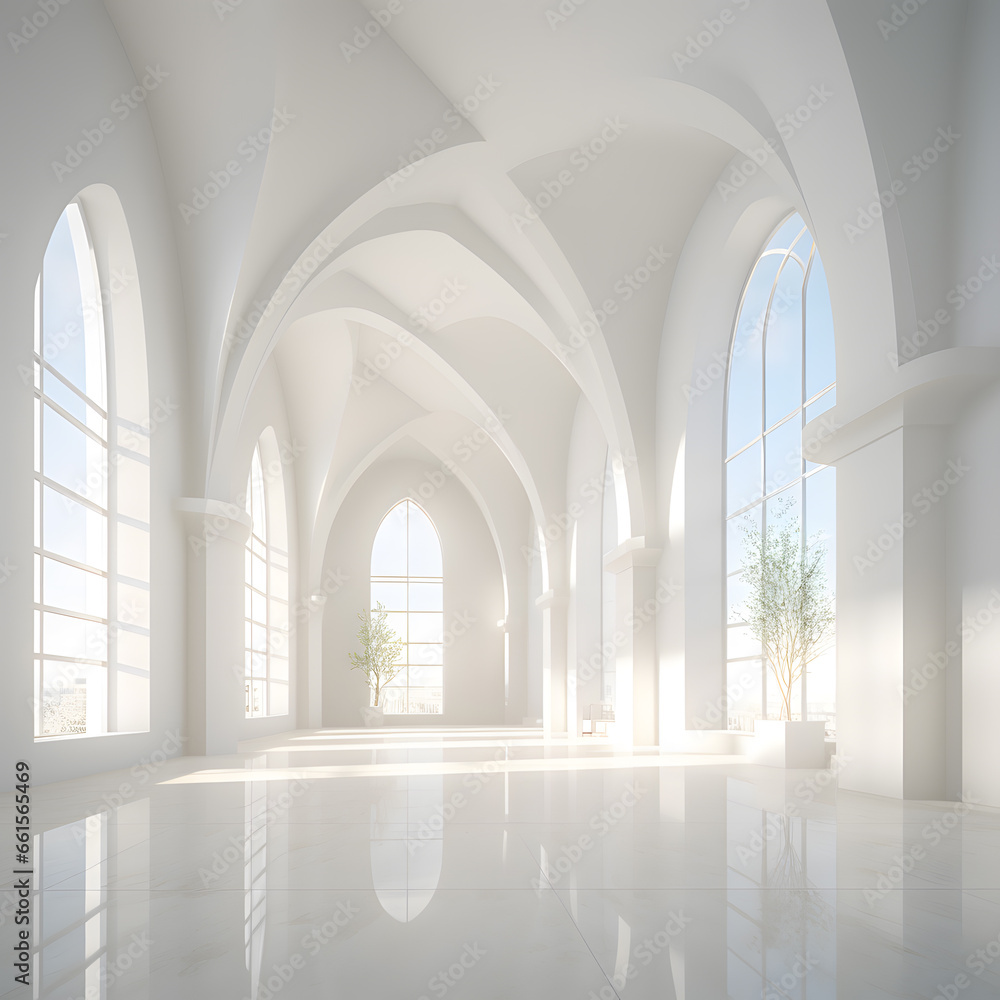 Abstract 3d white architecture interior for design, modern, contemporary, indoor and outdoor, curved wall, blue architecture, with sunny day