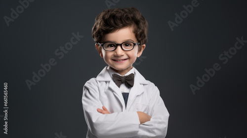 Little boy in a white coat plays doctor. The concept of a child in an adult profession.
