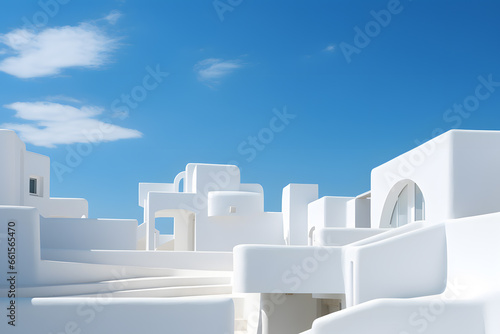 Abstract 3d white architecture interior for design, modern, contemporary, indoor and outdoor, curved wall, blue architecture, with sunny day
