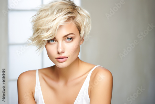 Confident platinum blonde woman in a white one-shoulder top.