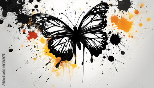Black silhouette of a flying butterfly with spread wings with paint splashes.