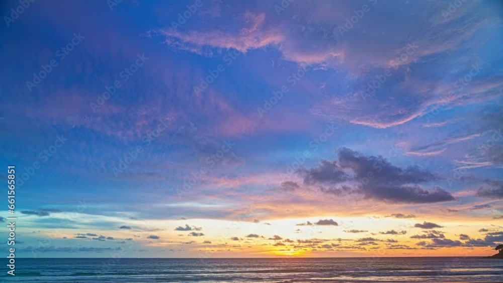 Time lapse amazing sky in sunset above the ocean at Karon beach Phuket..Imagine a fantasy bright yellow clouds changing in colorful sky..Gradient color. Sky texture, abstract nature background Time lapse amazing sky in sunset above the ocean at Karon beach Phuket..Imagine a fantasy bright yellow clouds changing in colorful sky..Gradient color. Sky texture, abstract nature background