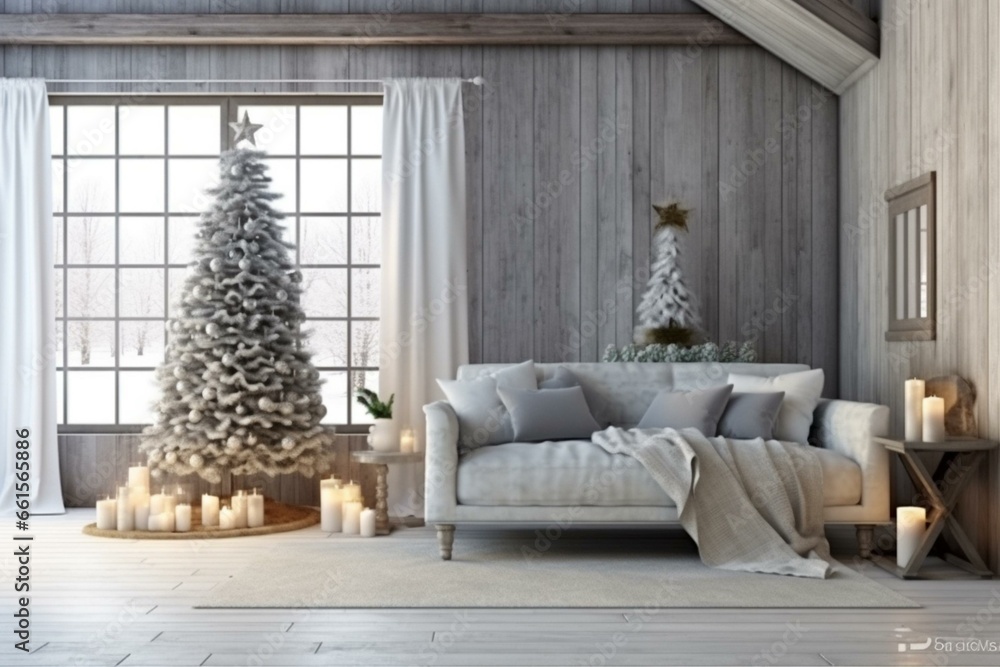 Christmas-themed farmhouse living room with a framed mockup, 3D render. Generative AI