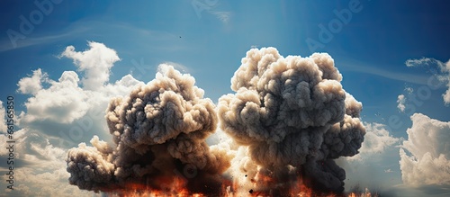 Explosive munitions create columns of fire and smoke in the sky