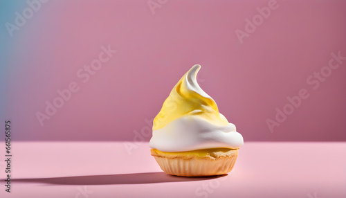 Side view of one meringue on a colorful pink background. photo