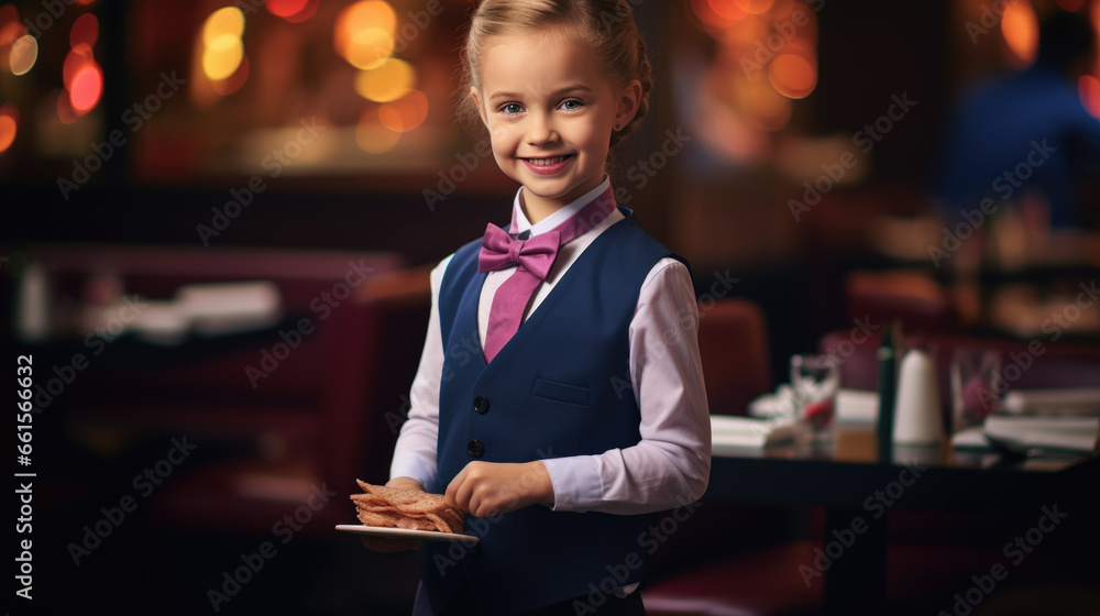 Portrait of a little girl dressed as a waiter. The concept of children in adult occupations.