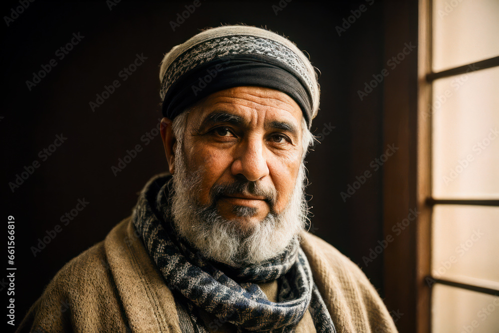 Portrait of the of the old age, bearded Middle Eastern man wearing keffiyeh, traditional clothing. Concept of active age Portrait of the of the old age, bearded Middle Eastern man wearing keffiyeh, traditional clothing. Concept of active age